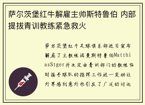 萨尔茨堡红牛解雇主帅斯特鲁伯 内部提拔青训教练紧急救火